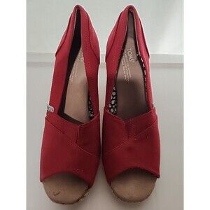 Toms Sandals Womens 9M Classic Wedge Espadrilles Red Peep Toe Slip On Casual